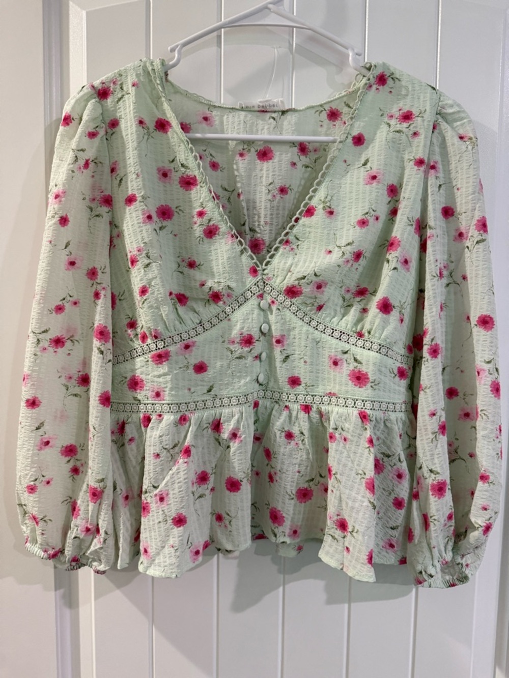 Blue Pepper NWT Light Green Floral V-Neck Peplum Blouse with Pink Rose Print